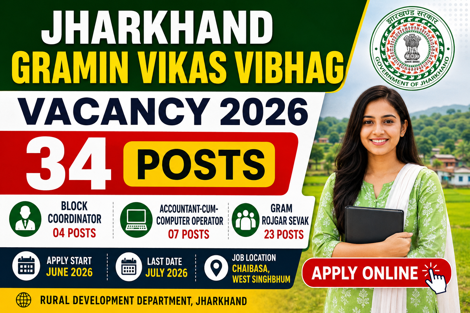 Jharkhand Gramin Vikas Vibhag Vacancy 2026: 34 Posts, Apply Online