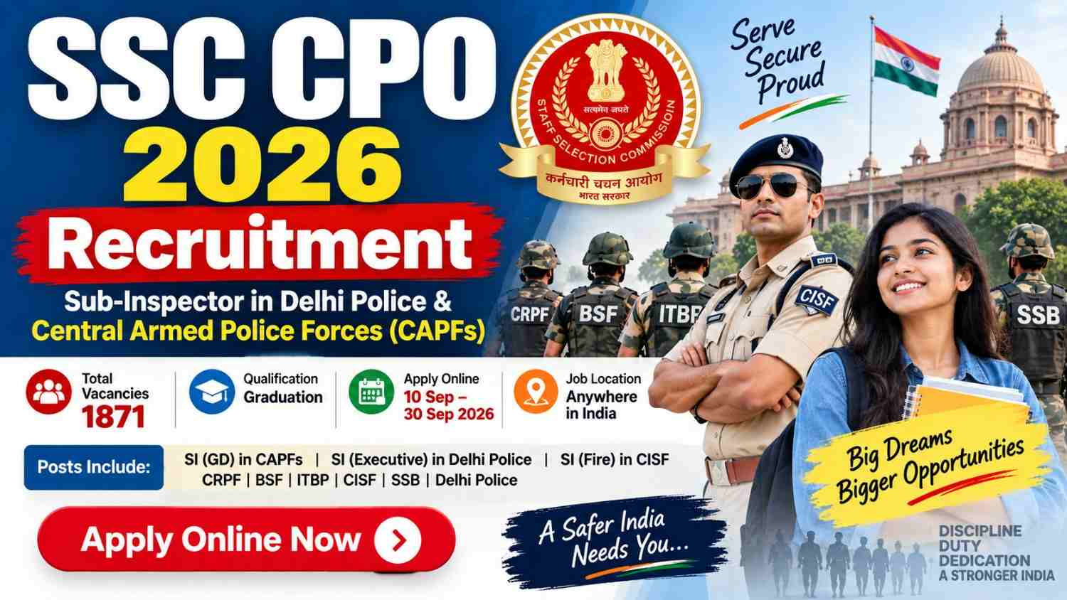 SSC CPO Recruitment 2026: 1871 SI Posts, Apply Online